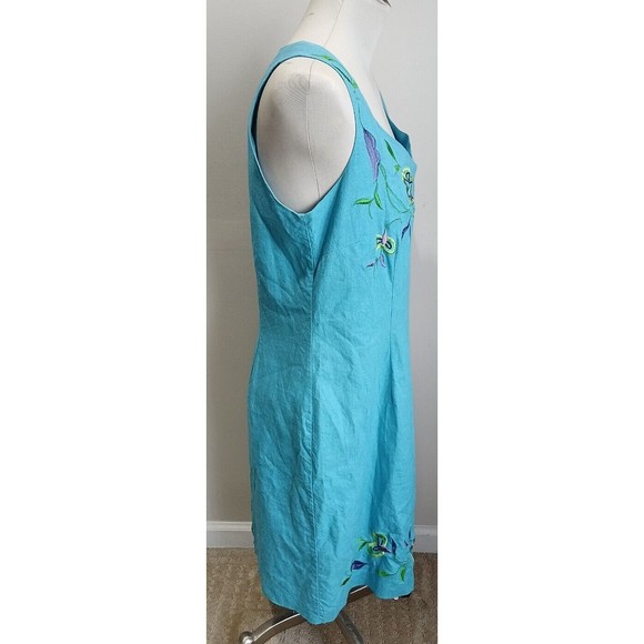 Vintage Betsy Lauren Linen Dress Turquoise Embroidered Flowers Size 12 Lined - Picture 4 of 7